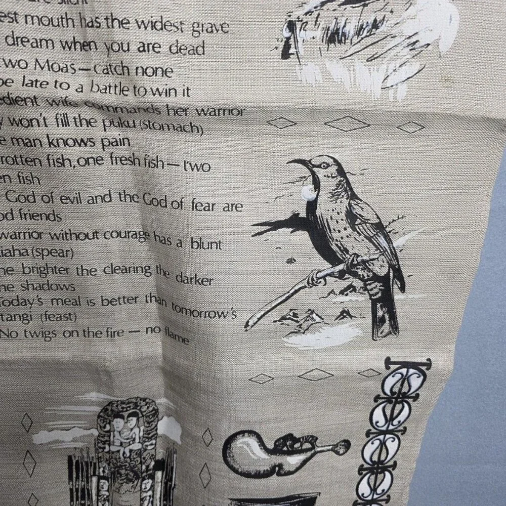 Vtg Maori Wisdom Proverbs Natural Flax Linen Tea Hand Towel New Zealand 19 x 29